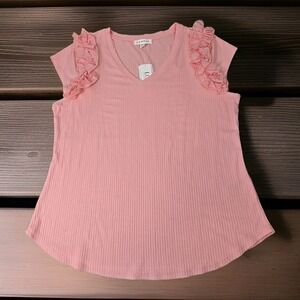 Rio and‎ Rian Blouse Womens XL Pink Ruffled Cap Sleeve Scoop Neck NWT